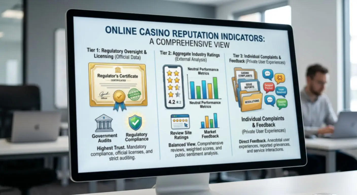 Diagram separating regulator records, review-site ratings and individual complaints into different reputation information tiers