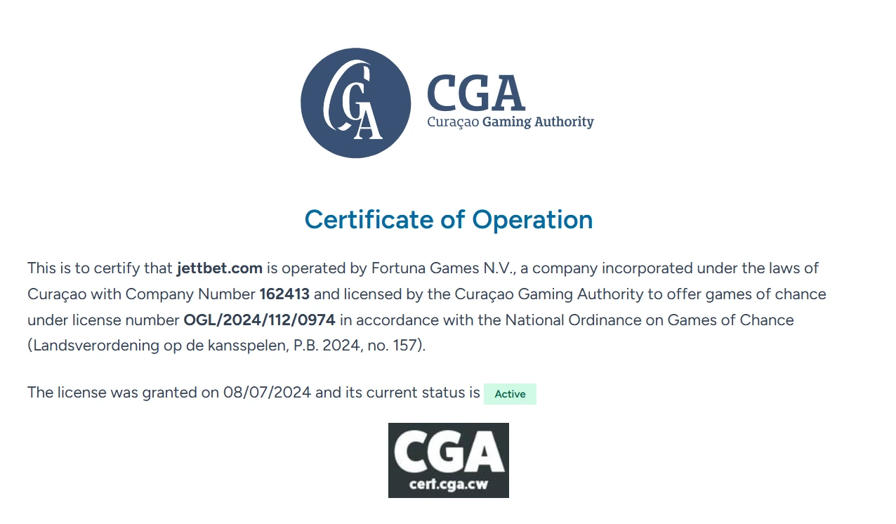 Real Curaçao Gaming Authority certificate for jettbet.com showing Fortuna Games N.V. and licence OGL/2024/112/0974