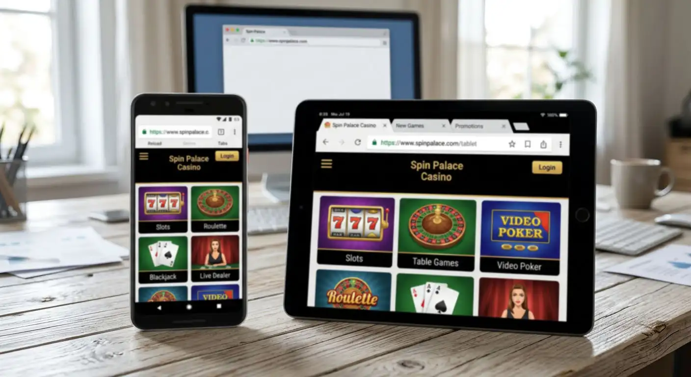 Illustration of a smartphone and tablet displaying casino content in a mobile browser