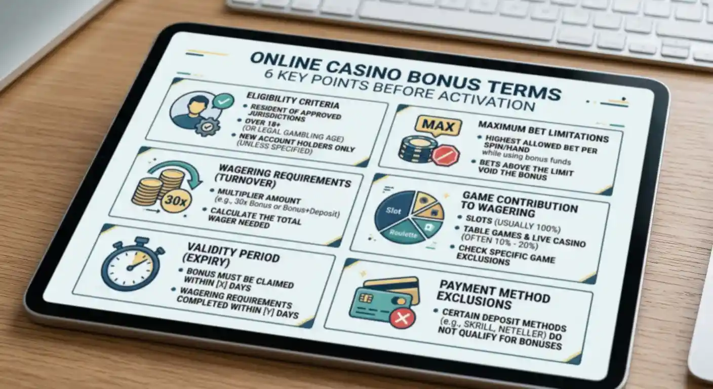 Checklist for checking bonus eligibility, wagering, expiry, maximum bet, game contribution and payment exclusions