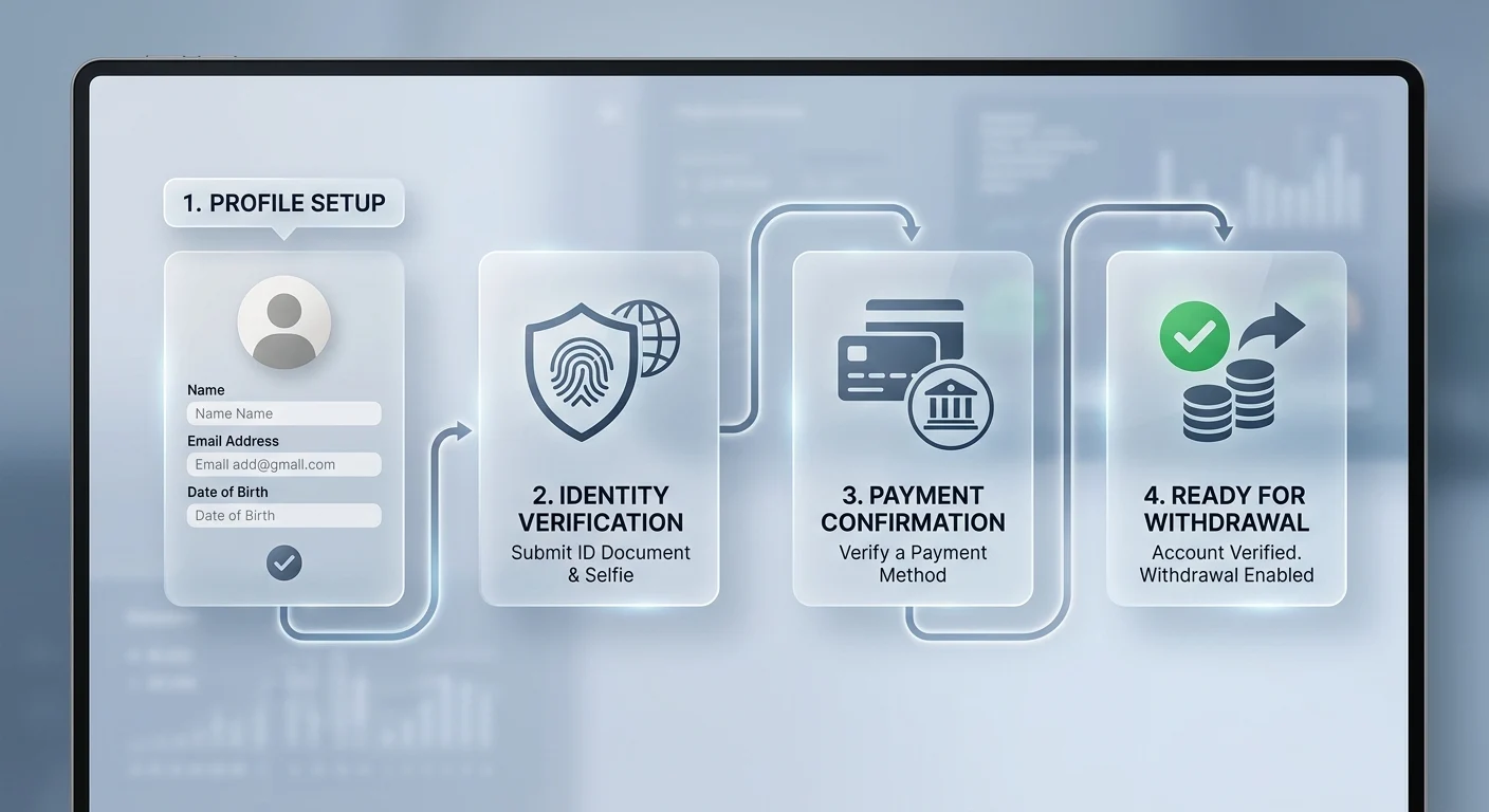 Account verification flow from profile setup to identity checks, payment-source checks and withdrawal readiness