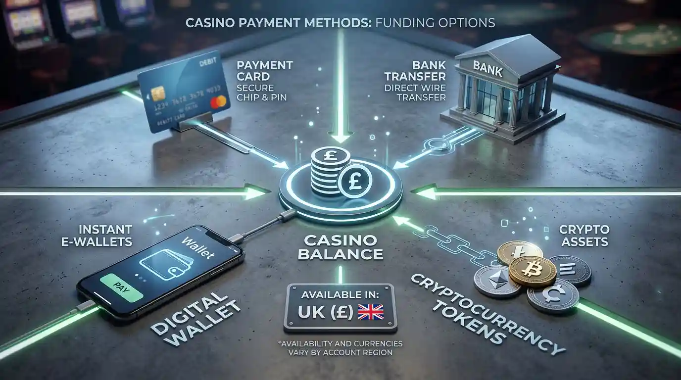 Illustration of card, bank, e-wallet and cryptocurrency payment routes with a separate UK and GBP availability checkpoint