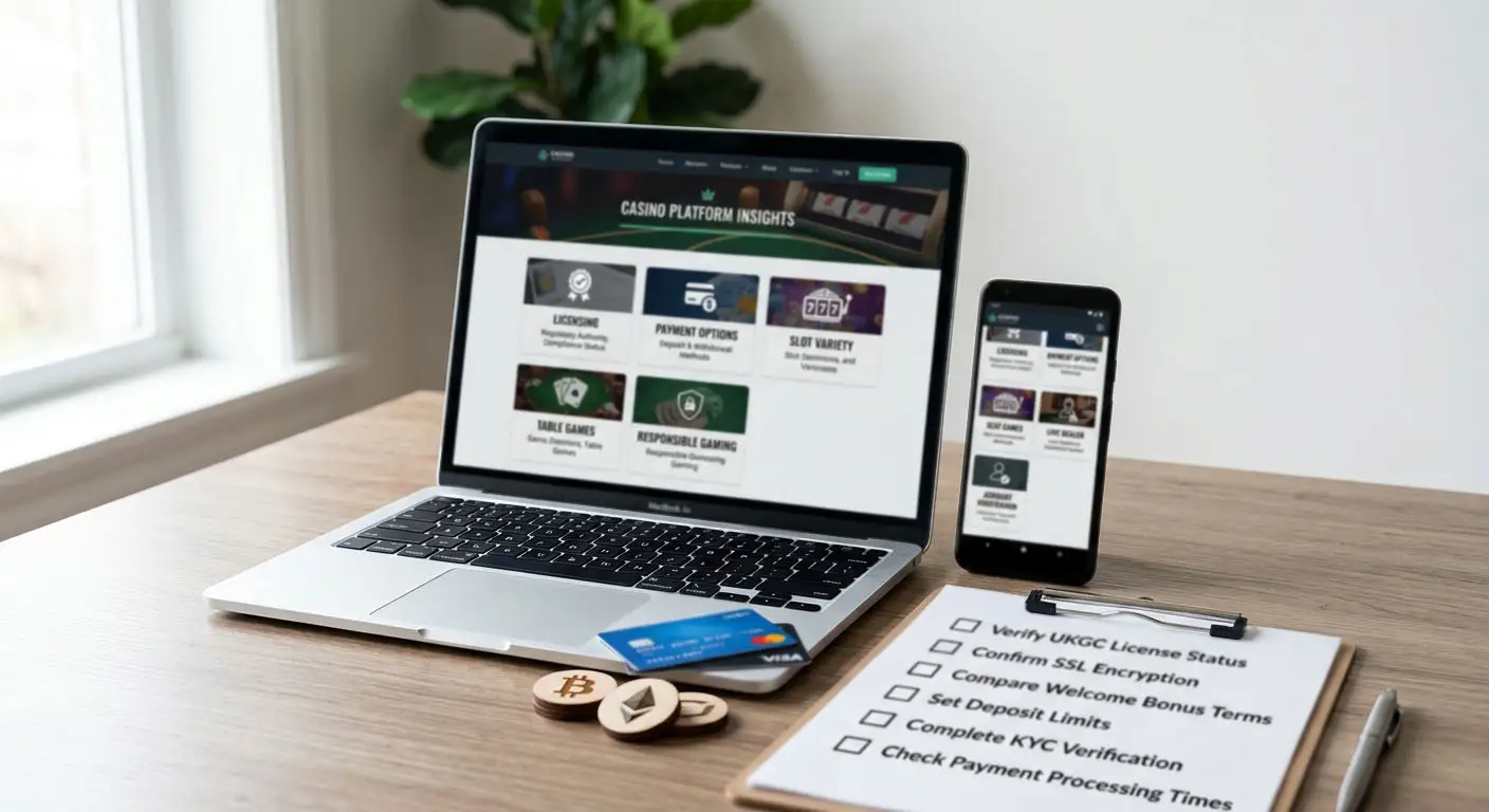 Illustration of a laptop, phone, casino categories, payments and an account checklist