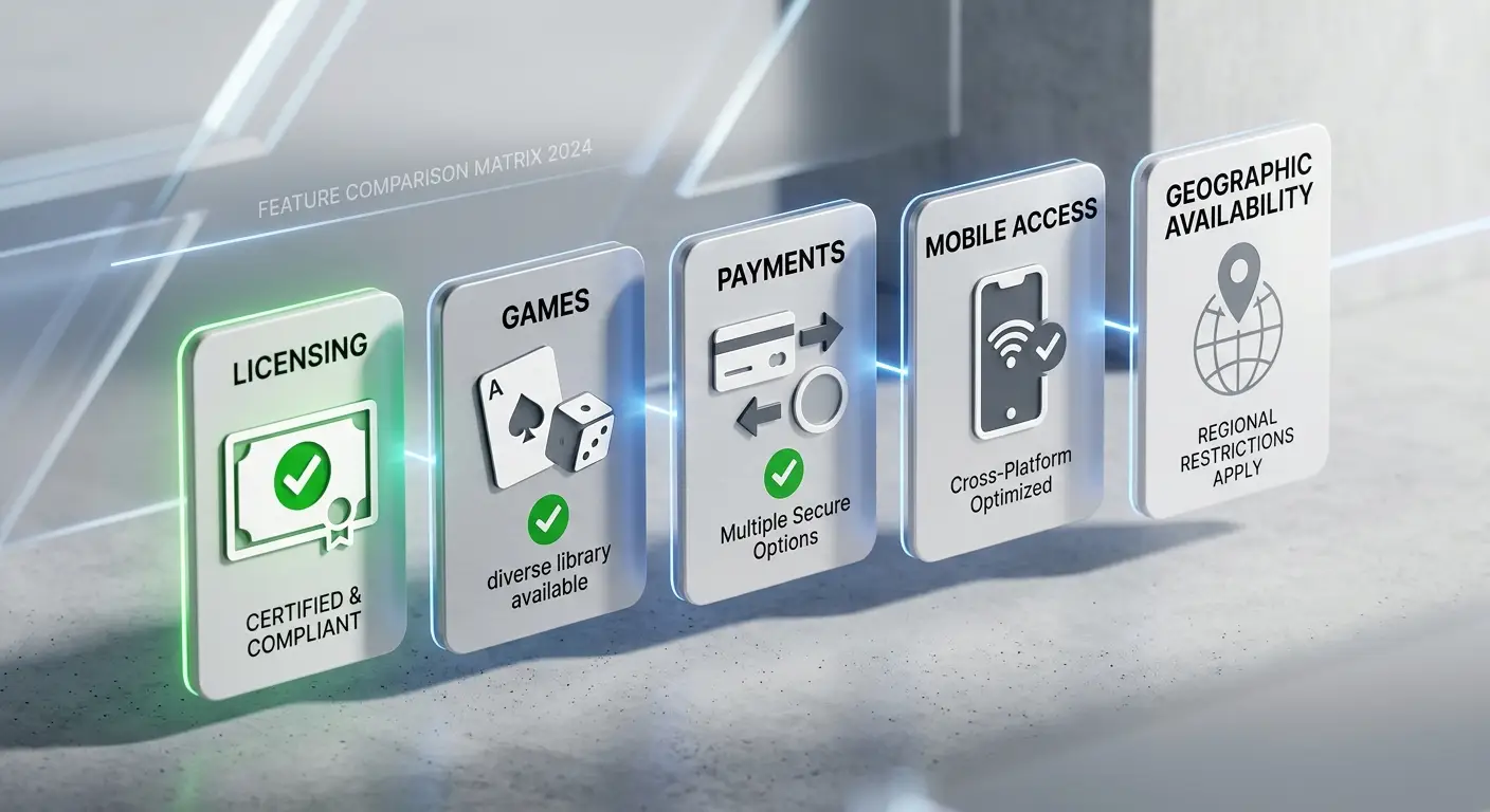 Illustrated comparison of licence, games, payments, mobile access and UK availability